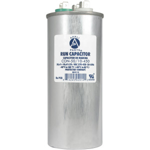 Appli Parts Dual Run Capacitor for ac 40+10 Mfd uF (microfarads) 370VAC or 450VAC CBB65 Round Universal fit for hvac and other applications 5-3/8 in High 2-1/8 in Wide CON-40/10-450  Appli Parts Dual Run Capacitor for ac 40+10 Mfd uF (microfarads) 370VAC or 450VAC CBB65 Round Universal fit for hvac and other applications 5-3/8 in High 2-1/8 in Wide CON-40/10-450