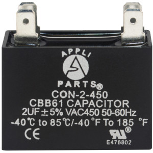 Appli Parts Fan Capacitor 2 mfd (microfarads) uf 450 VAC with 4 Terminal Connections compatible with any brand within the same range of capacitance 1-1/2in Width 5/8in depth 1-3/8in Height CAP-2-450 Appli Parts Fan Capacitor 2 mfd (microfarads) uf 450 VAC with 4 Terminal Connections compatible with any brand within the same range of capacitance 1-1/2in Width 5/8in depth 1-3/8in Height CAP-2-450