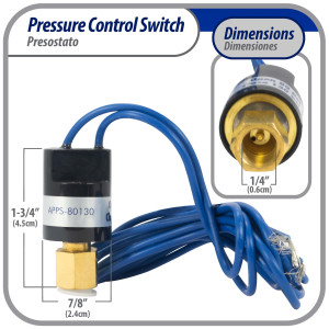 Appli Parts APPS-80130 Low Pressure control switch R410, Open 80 psi, Close 130 psi, 40 in Cable, SPST, 1/4 SAE female connection, Automatic Reset, universal replacement for Air Conditioning 
