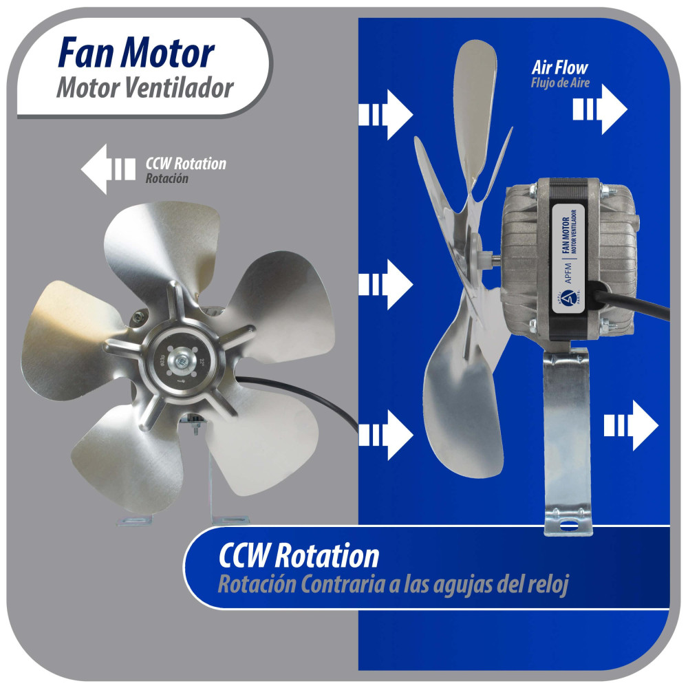 Appli Parts APFM-101E 10W Condenser and Evaporator Fan Motor 115V 60Hz 0.65A, Includes 9in Aluminum Fan Blade and Mounting Base, Universal Replacement for Commercial Refrigeration Units Appli Parts APFM-101E 10W Condenser and Evaporator Fan Motor 115V 60Hz 0.65A, Includes 9in Aluminum Fan Blade and Mounting Base, Universal Replacement for Commercial Refrigeration Units