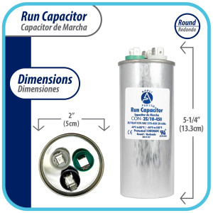Appli Parts Dual Run Capacitor for ac 35+10 Mfd uF (microfarads) 370VAC or 450VAC Round Universal fit for hvac and other applications 5-1/4 in High 2 in Wide CON-35/10-450
 Appli Parts Dual Run Capacitor for ac 35+10 Mfd uF (microfarads) 370VAC or 450VAC Round Universal fit for hvac and other applications 5-1/4 in High 2 in Wide CON-35/10-450