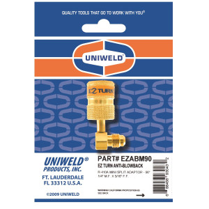 Uniweld Ez-Turn Anti-Blowback Mini Split Ductless Adaptador 90 degrees 1/4 in MF X 5/16 in FF R-410a, CFC, HCFC and HFC rated EZABM90 Uniweld Ez-Turn Anti-Blowback Mini Split Ductless Adaptador 90 degrees 1/4 in MF X 5/16 in FF R-410a, CFC, HCFC and HFC rated EZABM90