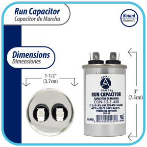 Appli Parts Run Capacitor for ac 12.5 Mfd uF (microfarads) 370 VAC or 450 VAC CBB65 Round Universal fit for hvac and other applications 3 in High 1-1/2 in Wide CON-12.5-450
 Appli Parts Run Capacitor for ac 12.5 Mfd uF (microfarads) 370 VAC or 450 VAC CBB65 Round Universal fit for hvac and other applications 3 in High 1-1/2 in Wide CON-12.5-450