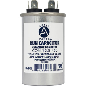 Appli Parts Run Capacitor for ac 12.5 Mfd uF (microfarads) 370 VAC or 450 VAC CBB65 Round Universal fit for hvac and other applications 3 in High 1-1/2 in Wide CON-12.5-450
 Appli Parts Run Capacitor for ac 12.5 Mfd uF (microfarads) 370 VAC or 450 VAC CBB65 Round Universal fit for hvac and other applications 3 in High 1-1/2 in Wide CON-12.5-450