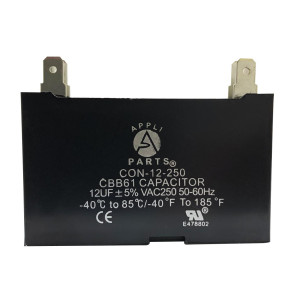 Appli Parts Fan Capacitor 12 mfd (microfarads) uf 250 VAC with 4 Terminal Connections compatible with any brand within the same range of capacitance 2-1/4in Width 7/8in Depth 1-3/4in Height CAP-12-250 Appli Parts Fan Capacitor 12 mfd (microfarads) uf 250 VAC with 4 Terminal Connections compatible with any brand within the same range of capacitance 2-1/4in Width 7/8in Depth 1-3/4in Height CAP-12-250