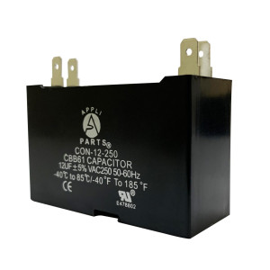 Appli Parts Fan Capacitor 12 mfd (microfarads) uf 250 VAC with 4 Terminal Connections compatible with any brand within the same range of capacitance 2-1/4in Width 7/8in Depth 1-3/4in Height CAP-12-250 Appli Parts Fan Capacitor 12 mfd (microfarads) uf 250 VAC with 4 Terminal Connections compatible with any brand within the same range of capacitance 2-1/4in Width 7/8in Depth 1-3/4in Height CAP-12-250
