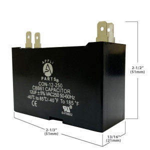 Appli Parts Fan Capacitor 12 mfd (microfarads) uf 250 VAC with 4 Terminal Connections compatible with any brand within the same range of capacitance 2-1/4in Width 7/8in Depth 1-3/4in Height CAP-12-250 Appli Parts Fan Capacitor 12 mfd (microfarads) uf 250 VAC with 4 Terminal Connections compatible with any brand within the same range of capacitance 2-1/4in Width 7/8in Depth 1-3/4in Height CAP-12-250