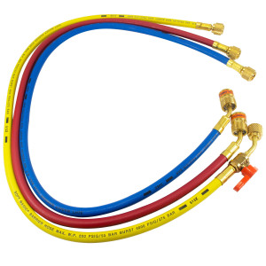 Uniweld EZ5HS Manifold Hoses 60 in Red and Blue with EZ Turn, Yellow with Ball Valve, CFC/HCFC/HFC Compatible with R410A, Anti-Blowback fitting with Soft Magic Barrier hose set