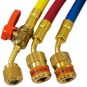Uniweld EZ5HS Manifold Hoses 60 in Red and Blue with EZ Turn, Yellow with Ball Valve, CFC/HCFC/HFC Compatible with R410A, Anti-Blowback fitting with Soft Magic Barrier hose set