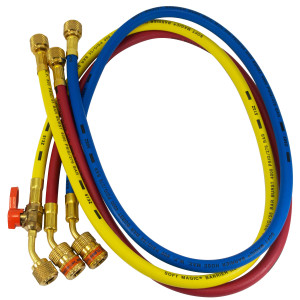 Uniweld EZ5HS Manifold Hoses 60 in Red and Blue with EZ Turn, Yellow with Ball Valve, CFC/HCFC/HFC Compatible with R410A, Anti-Blowback fitting with Soft Magic Barrier hose set