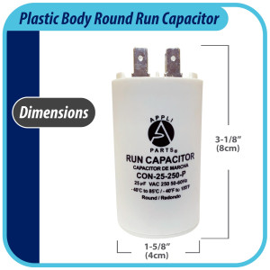 Appli Parts Run Capacitor for electric motors 25 Mfd uF (microfarads) 250VAC Plastic Case with terminals CBB60 Round Universal fit water pumps and others 3-1/8 in High 1-5/8 in Wide CON-25-250-P Appli Parts Run Capacitor for electric motors 25 Mfd uF (microfarads) 250VAC Plastic Case with terminals CBB60 Round Universal fit water pumps and others 3-1/8 in High 1-5/8 in Wide CON-25-250-P