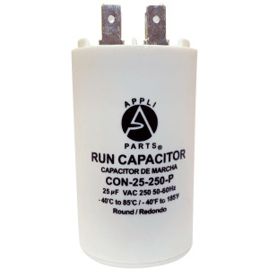Appli Parts Run Capacitor for electric motors 25 Mfd uF (microfarads) 250VAC Plastic Case with terminals CBB60 Round Universal fit water pumps and others 3-1/8 in High 1-5/8 in Wide CON-25-250-P Appli Parts Run Capacitor for electric motors 25 Mfd uF (microfarads) 250VAC Plastic Case with terminals CBB60 Round Universal fit water pumps and others 3-1/8 in High 1-5/8 in Wide CON-25-250-P