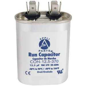 Appli Parts Run Capacitor for ac 12.5 Mfd uF (microfarads) 370VAC CBB65 Oval Universal fit for hvac and other applications 2-7/8in Wide 1-7/8in Depth 3-1/4in High CON-12.5-370
 Appli Parts Run Capacitor for ac 12.5 Mfd uF (microfarads) 370VAC CBB65 Oval Universal fit for hvac and other applications 2-7/8in Wide 1-7/8in Depth 3-1/4in High CON-12.5-370