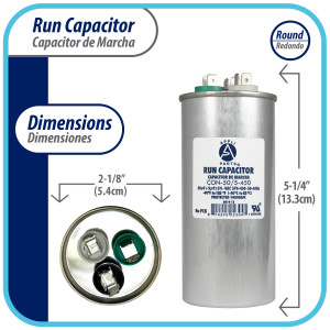 Appli Parts Dual Run Capacitor for ac 50+5 Mfd uF (microfarads) 370VAC or 450VAC CBB65 Round Universal fit for hvac and other applications 5-1/4 in High 2-1/8 in Wide CON-50/5-450 Replaces CAP-50/5-450 Appli Parts Dual Run Capacitor for ac 50+5 Mfd uF (microfarads) 370VAC or 450VAC CBB65 Round Universal fit for hvac and other applications 5-1/4 in High 2-1/8 in Wide CON-50/5-450 Replaces CAP-50/5-450