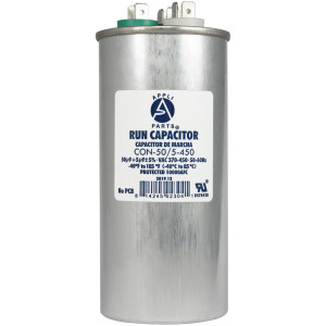 Appli Parts Dual Run Capacitor for ac 50+5 Mfd uF (microfarads) 370VAC or 450VAC CBB65 Round Universal fit for hvac and other applications 5-1/4 in High 2-1/8 in Wide CON-50/5-450 Replaces CAP-50/5-450 Appli Parts Dual Run Capacitor for ac 50+5 Mfd uF (microfarads) 370VAC or 450VAC CBB65 Round Universal fit for hvac and other applications 5-1/4 in High 2-1/8 in Wide CON-50/5-450 Replaces CAP-50/5-450