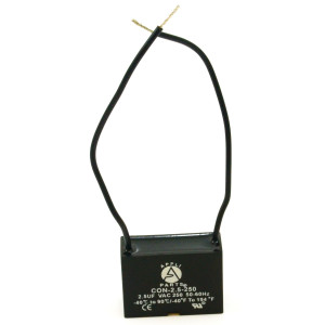 Appli Parts Fan Capacitor 2.5 mfd (microfarads) uf 250 VAC with 2 Wire Terminal Connections compatible with any brand with same capacitance 1-1/2in Width 5/8in Depth 1in Height CAP-2.5-250-2C Appli Parts Fan Capacitor 2.5 mfd (microfarads) uf 250 VAC with 2 Wire Terminal Connections compatible with any brand with same capacitance 1-1/2in Width 5/8in Depth 1in Height CAP-2.5-250-2C