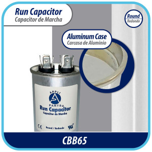Appli Parts Run Capacitor for ac 10 Mfd uF (microfarads) 370 VAC or 450 VAC CBB65 Round Universal fit for hvac and other applications 3 in High 1-1/2 in Wide CON-10-450 Appli Parts Run Capacitor for ac 10 Mfd uF (microfarads) 370 VAC or 450 VAC CBB65 Round Universal fit for hvac and other applications 3 in High 1-1/2 in Wide CON-10-450