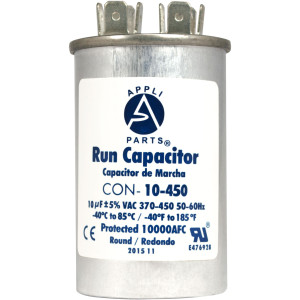 Appli Parts Run Capacitor for ac 10 Mfd uF (microfarads) 370 VAC or 450 VAC CBB65 Round Universal fit for hvac and other applications 3 in High 1-1/2 in Wide CON-10-450 Appli Parts Run Capacitor for ac 10 Mfd uF (microfarads) 370 VAC or 450 VAC CBB65 Round Universal fit for hvac and other applications 3 in High 1-1/2 in Wide CON-10-450