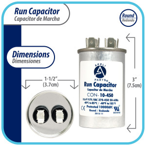 Appli Parts Run Capacitor for ac 10 Mfd uF (microfarads) 370 VAC or 450 VAC CBB65 Round Universal fit for hvac and other applications 3 in High 1-1/2 in Wide CON-10-450 Appli Parts Run Capacitor for ac 10 Mfd uF (microfarads) 370 VAC or 450 VAC CBB65 Round Universal fit for hvac and other applications 3 in High 1-1/2 in Wide CON-10-450