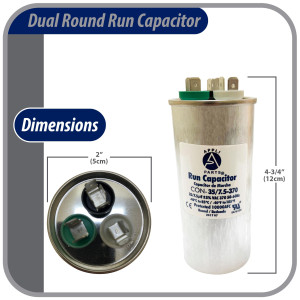 Appli Parts Dual Run Capacitor for ac 35+7.5 Mfd uF (microfarads) 370VAC CBB65 Round Universal fit for hvac and other applications 2 in Wide 4-3/4 in Height CON-35/7.5-370-R
 Appli Parts Dual Run Capacitor for ac 35+7.5 Mfd uF (microfarads) 370VAC CBB65 Round Universal fit for hvac and other applications 2 in Wide 4-3/4 in Height CON-35/7.5-370-R