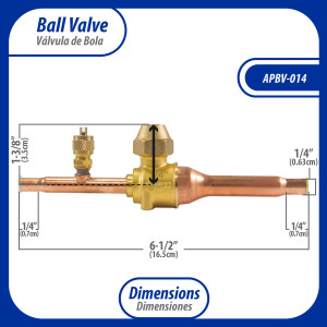 Appli Parts APBV-014 1/4 in Shut Off Ball Valve ODF Universal Replacement 610 psi (4.2 Mpa) max pressure -22 F to 248 F work temperature with 1/4 in SAE service port, with 6-1/2 in overall length Appli Parts APBV-014 1/4 in Shut Off Ball Valve ODF Universal Replacement 610 psi (4.2 Mpa) max pressure -22 F to 248 F work temperature with 1/4 in SAE service port, with 6-1/2 in overall length