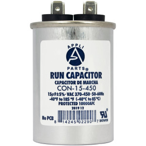 Appli Parts Run Capacitor for ac 15 Mfd uF (microfarads) 370 VAC or 450 VAC CBB65 Round Universal fit for hvac and other applications 3 in High 1-5/8 in Wide CON-15-450 Appli Parts Run Capacitor for ac 15 Mfd uF (microfarads) 370 VAC or 450 VAC CBB65 Round Universal fit for hvac and other applications 3 in High 1-5/8 in Wide CON-15-450