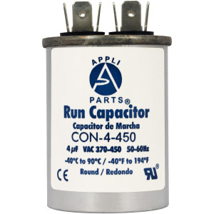 Appli Parts Run Capacitor for ac 4 Mfd uF (microfarads) 370 VAC or 450 VAC CBB65 Round Universal fit for hvac and other applications 2-1/2 in High 1-1/2 in Wide CON-4-450 Appli Parts Run Capacitor for ac 4 Mfd uF (microfarads) 370 VAC or 450 VAC CBB65 Round Universal fit for hvac and other applications 2-1/2 in High 1-1/2 in Wide CON-4-450