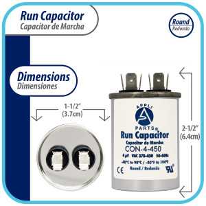Appli Parts Run Capacitor for ac 4 Mfd uF (microfarads) 370 VAC or 450 VAC CBB65 Round Universal fit for hvac and other applications 2-1/2 in High 1-1/2 in Wide CON-4-450 Appli Parts Run Capacitor for ac 4 Mfd uF (microfarads) 370 VAC or 450 VAC CBB65 Round Universal fit for hvac and other applications 2-1/2 in High 1-1/2 in Wide CON-4-450