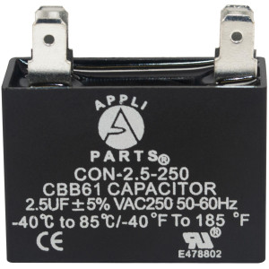 Appli Parts Fan Capacitor 2.5 mfd (microfarads) uf 250 VAC with 2 Terminal Connections compatible with any brand within the same range capacitance 1-1/2in Width 5/8in Depth 1-3/8in Height CAP-2.5-250 Appli Parts Fan Capacitor 2.5 mfd (microfarads) uf 250 VAC with 2 Terminal Connections compatible with any brand within the same range capacitance 1-1/2in Width 5/8in Depth 1-3/8in Height CAP-2.5-250