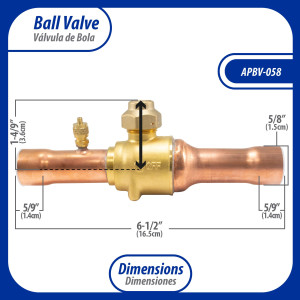 Appli Parts APBV-058 5/8 in Shut Off Ball Valve ODF Universal Replacement 610 psi (4.2 Mpa) max pressure -22 F to 248 F work temperature with 1/4 in SAE service port, with 6-1/2 in overall length Appli Parts APBV-058 5/8 in Shut Off Ball Valve ODF Universal Replacement 610 psi (4.2 Mpa) max pressure -22 F to 248 F work temperature with 1/4 in SAE service port, with 6-1/2 in overall length