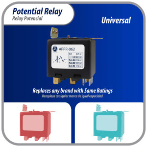 Appli Parts APPR-062 Potential Relay 062, Coil Voltage 395 V, Min Pick up 180 V, Max Pick up 195 V, Max Drop Out 100 V, 50/60 Hz Universal replacement for HVAC and Refrigeration units Appli Parts APPR-062 Potential Relay 062, Coil Voltage 395 V, Min Pick up 180 V, Max Pick up 195 V, Max Drop Out 100 V, 50/60 Hz Universal replacement for HVAC and Refrigeration units