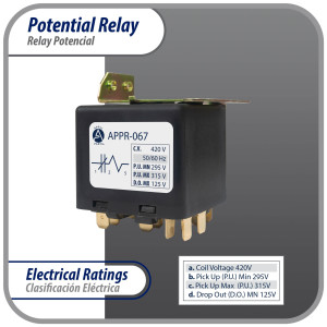 Appli Parts APPR-067 Potential Relay 067, Coil Voltage 420 V, Min Pick up 295 V, Max Pick up 315 V, Max Drop Out 125 V, 50/60 Hz Universal replacement for HVAC and Refrigeration units Appli Parts APPR-067 Potential Relay 067, Coil Voltage 420 V, Min Pick up 295 V, Max Pick up 315 V, Max Drop Out 125 V, 50/60 Hz Universal replacement for HVAC and Refrigeration units