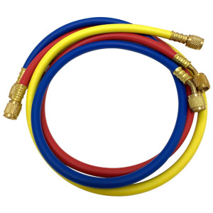 Appli Parts APMG-A1A36S R410A Manifold Gauge Set Dual Scale kPa/psi and Temperature Fahrenheit and Celsius, Aluminum Body with Sight Glass, Includes 90 cm Hoses 5/16 SAE Red Blue and 1/4 SAE Yellow