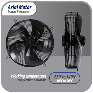 Appli Parts AXF-550-1 21-5/8 in Axial Fan Motor Guard Mounted Fan Blade 220V, 1 Ph, 50-60 Hz, 725W, 1400 rpm, Universal replacement for Cold Room Evaporators, Condensing Units, Work Temp -22F to 140F