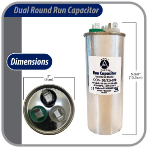 Appli Parts Dual Run Capacitor for ac 50+7.5 Mfd uF (microfarads) 370VAC CBB65 Round Universal fit for hvac and other applications 2 in Wide 5-3/8 in Height CON-50/7.5-370-R
 Appli Parts Dual Run Capacitor for ac 50+7.5 Mfd uF (microfarads) 370VAC CBB65 Round Universal fit for hvac and other applications 2 in Wide 5-3/8 in Height CON-50/7.5-370-R
