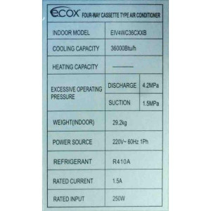 4 Way Cassette 36.000btu Compatible with R410A, 230v/60hz/1ph Ecox Inverter Eiv4wc36cxxb (Only With Eivcu036cxxb)