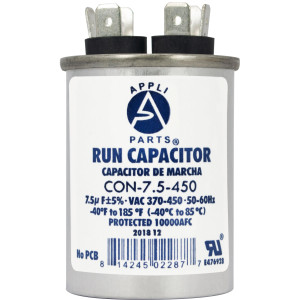 Appli Parts Run Capacitor for ac 7.5 Mfd uF (microfarads) 370 VAC or 450 VAC CBB65 Round Universal fit for hvac and other applications 2-1/2 in High 1-1/2 in Wide CON-7.5-450 Appli Parts Run Capacitor for ac 7.5 Mfd uF (microfarads) 370 VAC or 450 VAC CBB65 Round Universal fit for hvac and other applications 2-1/2 in High 1-1/2 in Wide CON-7.5-450
