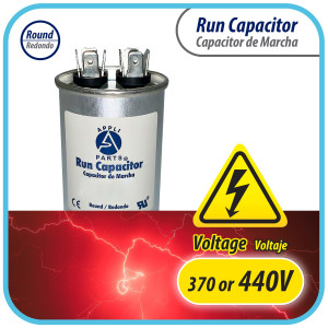 Appli Parts Run Capacitor for ac 7.5 Mfd uF (microfarads) 370 VAC or 450 VAC CBB65 Round Universal fit for hvac and other applications 2-1/2 in High 1-1/2 in Wide CON-7.5-450 Appli Parts Run Capacitor for ac 7.5 Mfd uF (microfarads) 370 VAC or 450 VAC CBB65 Round Universal fit for hvac and other applications 2-1/2 in High 1-1/2 in Wide CON-7.5-450