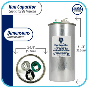Appli Parts Dual Run Capacitor for ac 65+7.5 Mfd uF (microfarads) 370VAC or 450VAC CBB65 Round Universal fit for hvac and other applications 5-1/4 in High 2-1/4 in Wide CON-65/7.5-450 Appli Parts Dual Run Capacitor for ac 65+7.5 Mfd uF (microfarads) 370VAC or 450VAC CBB65 Round Universal fit for hvac and other applications 5-1/4 in High 2-1/4 in Wide CON-65/7.5-450