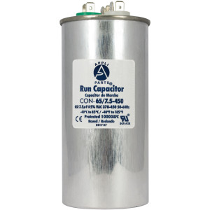Appli Parts Dual Run Capacitor for ac 65+7.5 Mfd uF (microfarads) 370VAC or 450VAC CBB65 Round Universal fit for hvac and other applications 5-1/4 in High 2-1/4 in Wide CON-65/7.5-450 Appli Parts Dual Run Capacitor for ac 65+7.5 Mfd uF (microfarads) 370VAC or 450VAC CBB65 Round Universal fit for hvac and other applications 5-1/4 in High 2-1/4 in Wide CON-65/7.5-450