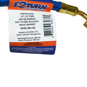 Uniweld EZM3B Manifold Hose 36 in, Blue, 1/4 x 5/16 in Connections, CFC,HCFC,HFC,R410 Ez-Turn Anti-Blowback Uniweld EZM3B Manifold Hose 36 in, Blue, 1/4 x 5/16 in Connections, CFC,HCFC,HFC,R410 Ez-Turn Anti-Blowback