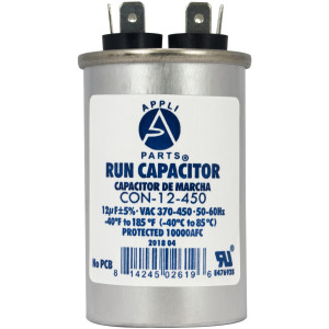 Appli Parts Run Capacitor for ac 12 Mfd uF (microfarads) 370 VAC or 450 VAC CBB65 Round Universal fit for hvac and other applications 3 in High 1-1/2 in Wide CON-12-450 Appli Parts Run Capacitor for ac 12 Mfd uF (microfarads) 370 VAC or 450 VAC CBB65 Round Universal fit for hvac and other applications 3 in High 1-1/2 in Wide CON-12-450