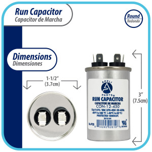 Appli Parts Run Capacitor for ac 12 Mfd uF (microfarads) 370 VAC or 450 VAC CBB65 Round Universal fit for hvac and other applications 3 in High 1-1/2 in Wide CON-12-450 Appli Parts Run Capacitor for ac 12 Mfd uF (microfarads) 370 VAC or 450 VAC CBB65 Round Universal fit for hvac and other applications 3 in High 1-1/2 in Wide CON-12-450