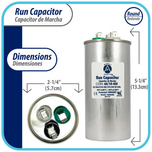 Appli Parts Dual Run Capacitor for ac 60+10 Mfd uF (microfarads) 370VAC or 450VAC CBB65 Round Universal fit for hvac and other applications 5-1/4 in High 2-1/4 in Wide CON-60/10-450 Appli Parts Dual Run Capacitor for ac 60+10 Mfd uF (microfarads) 370VAC or 450VAC CBB65 Round Universal fit for hvac and other applications 5-1/4 in High 2-1/4 in Wide CON-60/10-450
