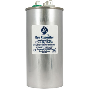 Appli Parts Dual Run Capacitor for ac 60+10 Mfd uF (microfarads) 370VAC or 450VAC CBB65 Round Universal fit for hvac and other applications 5-1/4 in High 2-1/4 in Wide CON-60/10-450 Appli Parts Dual Run Capacitor for ac 60+10 Mfd uF (microfarads) 370VAC or 450VAC CBB65 Round Universal fit for hvac and other applications 5-1/4 in High 2-1/4 in Wide CON-60/10-450