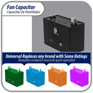 Appli Parts CAP-3.5-450 Fan Capacitor 3.5 mfd (microfarads) uf 450 VAC with 4 Terminal Connections compatible with any brand within the same range capacitance 1-7/8in Width 3/4in Depth 1-1/2in Height
