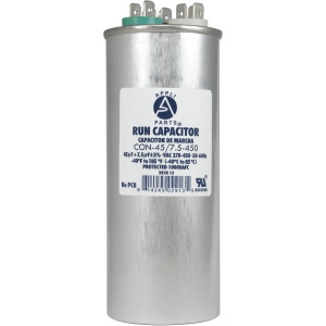 Appli Parts CON-45/7.5-450 Dual Run Capacitor for ac 45+7.5 Mfd uF (microfarads) 370VAC or 450VAC CBB65 Round Universal fit for hvac and other applications 5-3/8 in High 2 in Wide
