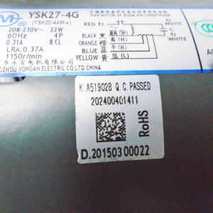 Fan Motor Indoor Unit ecox VRF YKSS-27-4-21 RoHS (YSK22-4M 4 ) 208-230V/60Hz 122W 4p 0.31A LRA 0.37A 1150rpm 202400401411 11002012001959 
Fits: EA5D12C00B Fan Motor Indoor Unit ecox VRF YKSS-27-4-21 RoHS (YSK22-4M 4 ) 208-230V/60Hz 122W 4p 0.31A LRA 0.37A 1150rpm 202400401411 11002012001959 
Fits: EA5D12C00B