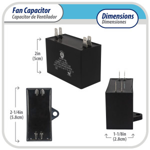 Appli Parts Fan Capacitor 12 mfd (microfarads) uf 450 VAC 4 Terminal Connections compatible with any brand within the same range of capacitance 2-1/4in Width 1-1/8in Depth 2in Height CAP-12-450 Appli Parts Fan Capacitor 12 mfd (microfarads) uf 450 VAC 4 Terminal Connections compatible with any brand within the same range of capacitance 2-1/4in Width 1-1/8in Depth 2in Height CAP-12-450