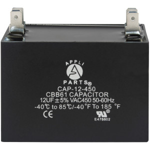Appli Parts Fan Capacitor 12 mfd (microfarads) uf 450 VAC 4 Terminal Connections compatible with any brand within the same range of capacitance 2-1/4in Width 1-1/8in Depth 2in Height CAP-12-450 Appli Parts Fan Capacitor 12 mfd (microfarads) uf 450 VAC 4 Terminal Connections compatible with any brand within the same range of capacitance 2-1/4in Width 1-1/8in Depth 2in Height CAP-12-450